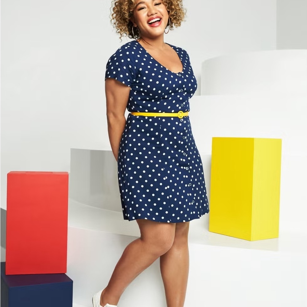 Katie Sturino • Navy Polka Dot Button Down Dress (belt not included)